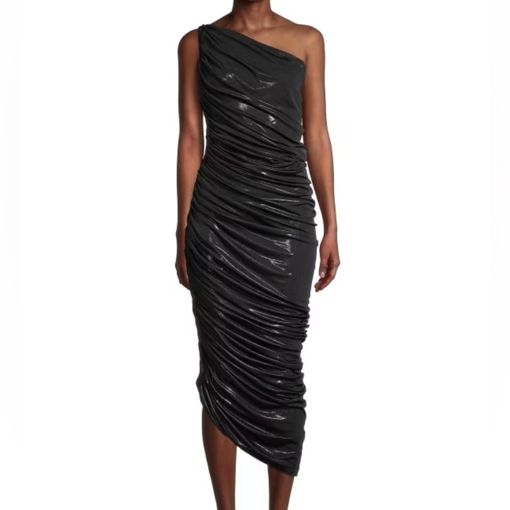 Norma Kamali Diana dress to knee Metallic Ruched One-Shoulder Gown size 38/M NWT